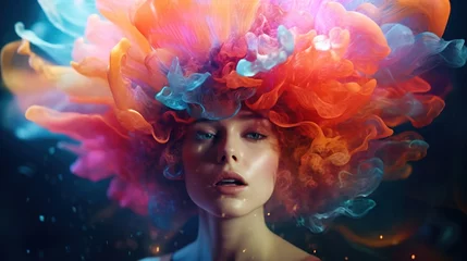 Stylish fashion woman with a large decorative luminous flower on her head. Close-up of the face. Digital art in futuristic style. Illustration for cover, card, postcard, interior design, decor, print. © Login
