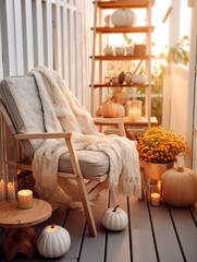 Fototapeta na wymiar Cozy autumn balcony decor, warm fall city balcony decor with chair and pillows, pumpkins, yellow leaves and candles