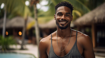 A handsome African American black man in his 30's enjoying a vacation at a tropical resort