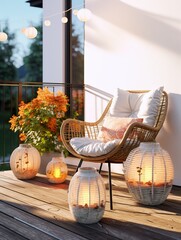 Cozy autumn balcony decor, warm fall city balcony decor with chair and pillows, pumpkins, yellow leaves and candles