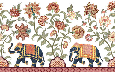 Walking Indian elephants floral seamless border. Chintz wallpaper. - 640900426