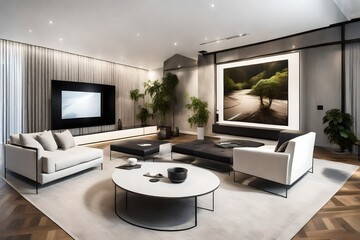 Fototapeta premium An inviting TV lounge room with a white empty canvas frame for a mockup as an understated focal point, enhancing the room's aesthetic appeal. 