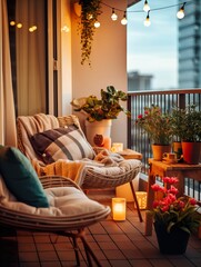 Fototapeta premium Cozy autumn balcony decor, warm fall city balcony decor with chair and pillows, pumpkins, yellow leaves and candles