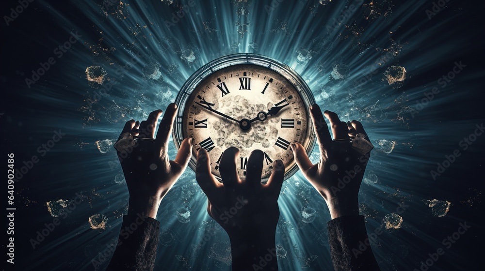 Poster concept of insomnia. hands with watch