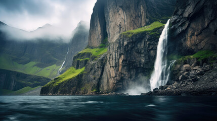Huge Norwegian cliffs with a beautiful waterfall. Generative AI
