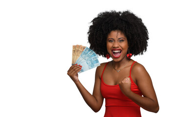 woman holding money, young woman holding brazilian money.