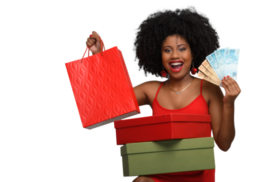 a woman holds shopping bags and Brazilian money, a teenage girl smiles and looks at the camera, wearing a red dress aga