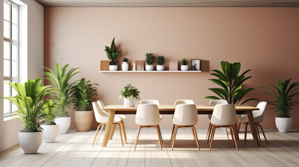 Fototapeta premium Simple empty minimalistic modern conference room, with plants and wooden shelves. Conference meeting table, office interior.