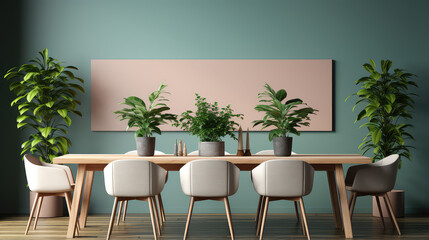 Simple empty minimalistic modern conference room, with plants and wooden shelves. Conference meeting table, office interior.