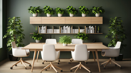 Fototapeta premium Simple empty minimalistic modern conference room, with plants and wooden shelves. Conference meeting table, office interior.