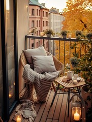 Cozy autumn balcony decor, warm fall city balcony decor with chair and pillows, pumpkins, yellow...