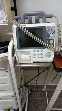 Buenos Aires, Argentina; 08-29-2023: We can see a beneheart d6 mindray Portable Defibrillator - Monitor in a public hospital room.