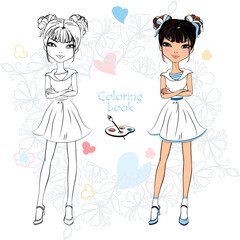 Vector Coloring Book of cute fashion asian girl