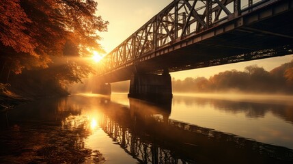 Beautiful photography of a bridge across the river. Sunny morning. Generative AI