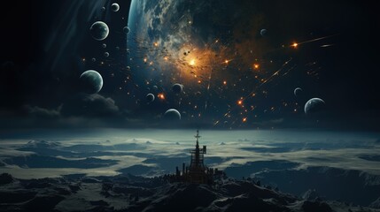 Space landscape alien planet. Exploding galaxy with meteors and clouds. Alien world horizon. - obrazy, fototapety, plakaty