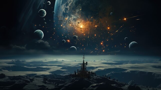 Space landscape alien planet. Exploding galaxy with meteors and clouds. Alien world horizon.