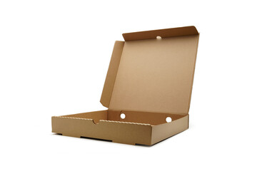 An empty brown pizza box in front of a white screen, isolated