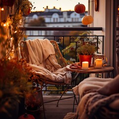 Cozy autumn balcony decor, warm fall city balcony decor with chair and pillows, pumpkins, yellow leaves and candles