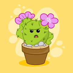 Thoughtful cartoon cactus in a pot on a yellow background with pink flowers. Flat vector illustration