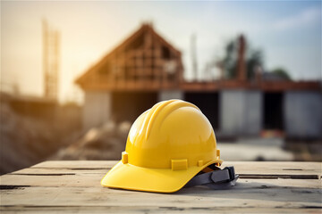 a builder's helmet placed on the table on a building site background with copy space - obrazy, fototapety, plakaty