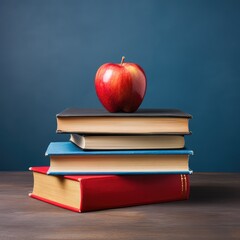 Stacked pile of books with an apple on top