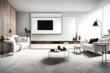 A minimalist TV lounge room with a white canvas frame for a mockup, embodying the essence of modern simplicity and artistic potential.
