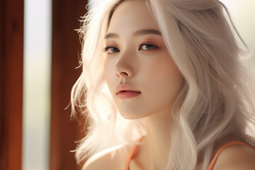 Fototapeta premium Woman with blonde hair wearing orange top. This versatile image can be used in various contexts.