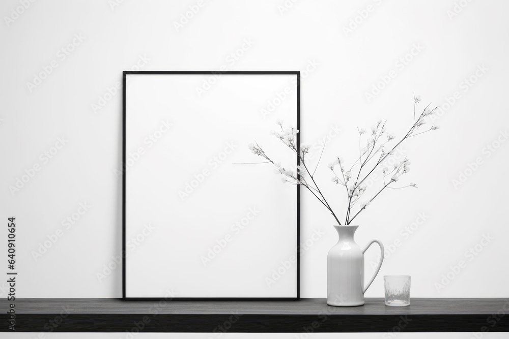 Poster beautiful arrangement of flowers in vase placed alongside picture frame on table. perfect for adding