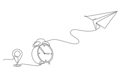 Continuous line drawing of flying paper airplanes connected to an alarm clock. Transport journey time concept in editable doodle style. Vector illustration