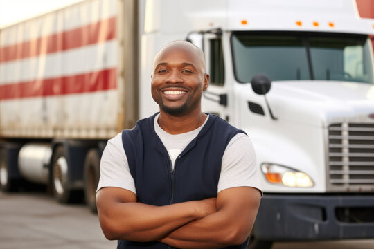 Man standing confidently in front of powerful semi truck. This image can be used to represent transportation, logistics, or trucking industry.