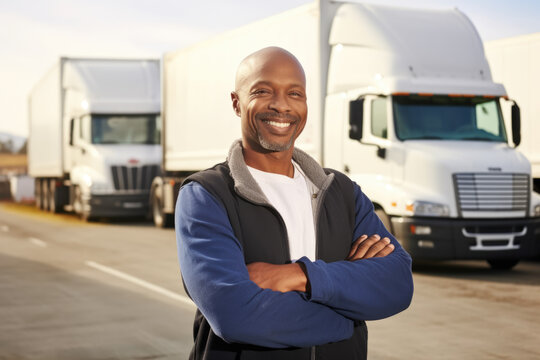 Man standing confidently in front of powerful semi truck. This image can be used to represent strength, determination, and transportation industry.