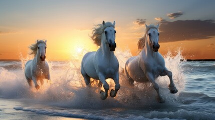 Incredible photography of white horses running on a white sand beach, sunny morning. Generative AII