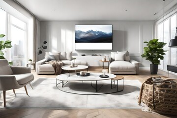 A balanced TV lounge room with a white canvas frame for a mockup above the TV, contributing to the room's harmonious visual composition.