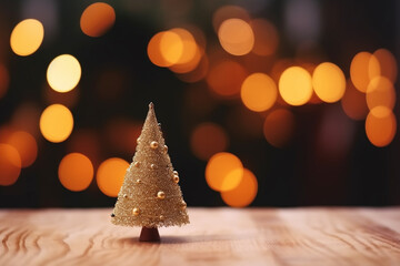 Mini golden decorative Christmas tree on the wooden table in front of a blurred garland background. Generative AI