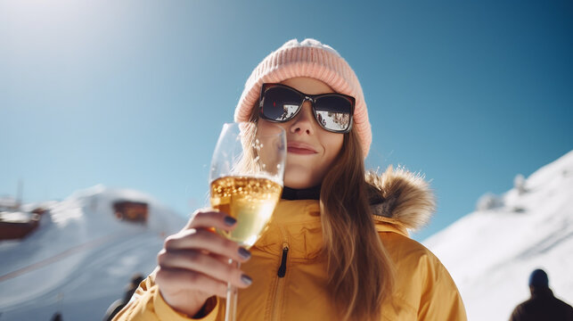Pretty young woman with a glass of champagne over the blue sky background on a ski resort. Generative AI