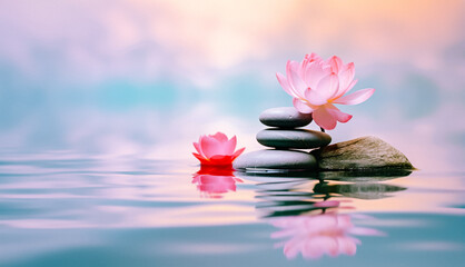 A serene pink lotus flower rests on a stack of stones in a body of water. The stones are stacked in a pyramid shape with the largest at the bottom and the smallest at the top. Blurred background.