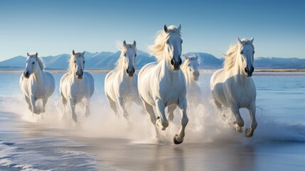 Incredible photography of white horses running on a white sand beach, sunny morning. Generative AII - obrazy, fototapety, plakaty