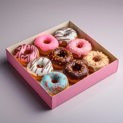 Colorful donuts in a box on a white background. 3d rendering