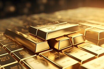 Golden ingots background. Gold bullion. Stack of gold bars. 3D rendering. - obrazy, fototapety, plakaty