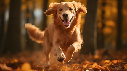 Cute golden retriever dog running in the autumn forest with leaves. Golden Retriever is running in the autumn forest.