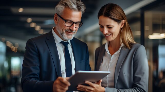 Business people using digital tablet tech discussing financial market data standing at corporate office meeting