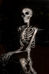Fototapeta na wymiar Halloween skeleton standing in a kitchen making tea at a stove top
