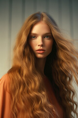 portrait of a woman/model/book character in a close up with long blonde red hair in a fashion/beauty editorial advertisement magazine style film photography look - generative ai art