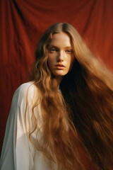 portrait of a woman/model/book character in a close up with long blonde red hair in a fashion/beauty editorial advertisement magazine style film photography look - generative ai art