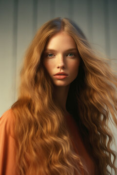 portrait of a woman/model/book character in a close up with long blonde red hair in a fashion/beauty editorial advertisement magazine style film photography look - generative ai art
