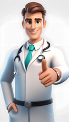 Cartoon 3D doctor character with a stethoscope pointing at something and smiling at the camera.