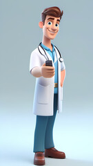 Cartoon 3D doctor character with a stethoscope pointing at something and smiling at the camera.