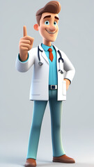 Cartoon 3D doctor character with a stethoscope pointing at something and smiling at the camera.