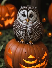 Animal Bird Owl on pumpkin lantern in scary Halloween festival 06