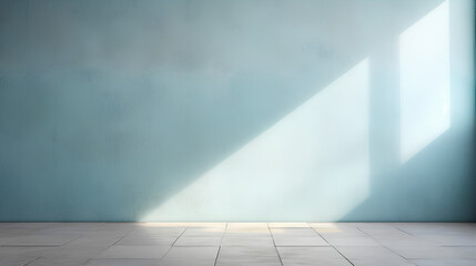 A simplistic abstract backdrop in light blue, designed for product presentations. Play of shadows and light cast by windows onto a plastered wall.